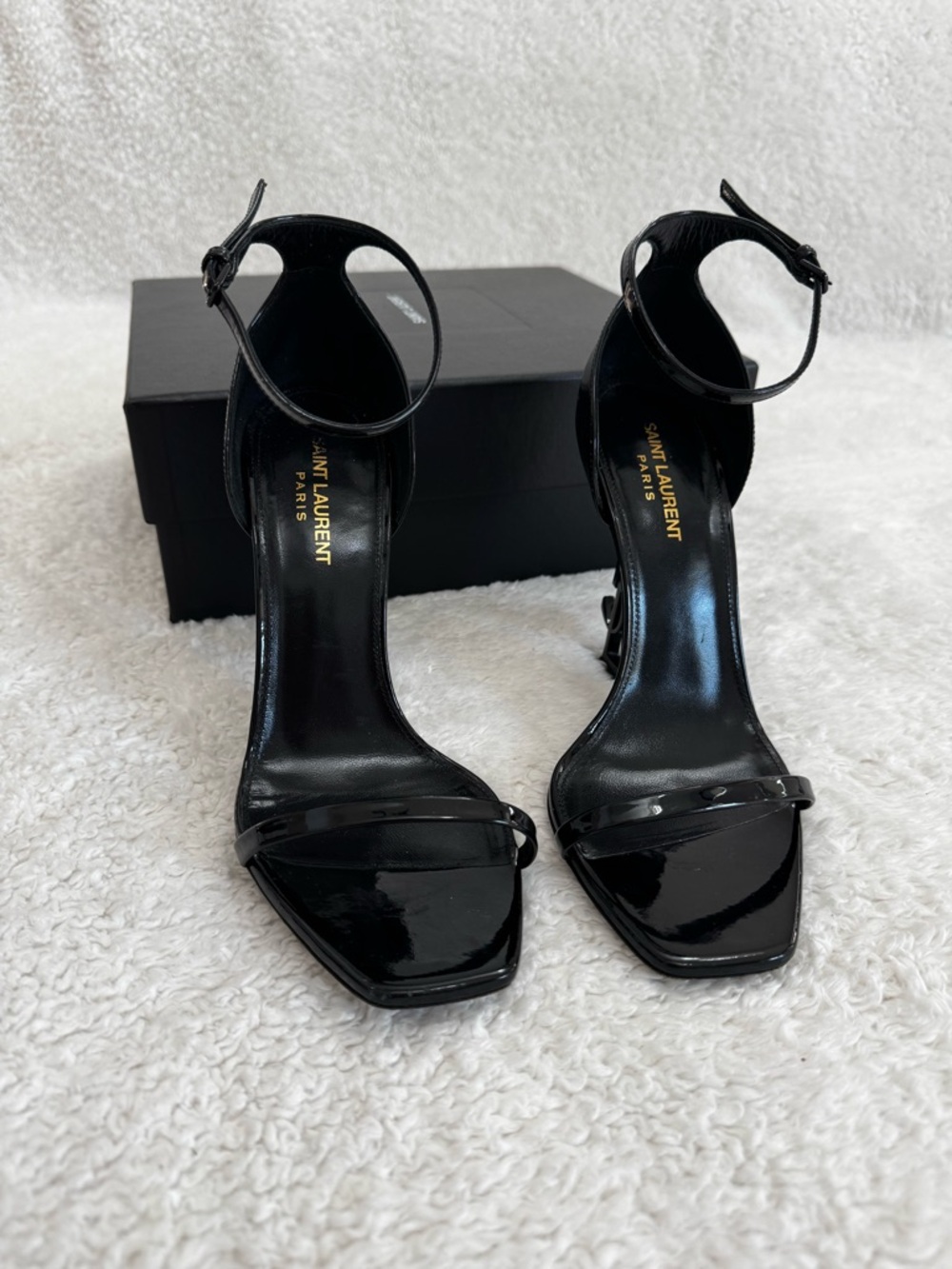 Yves Saint Laurent Black Patent Logo Stiletto Sandals - Picture 2 of 5
